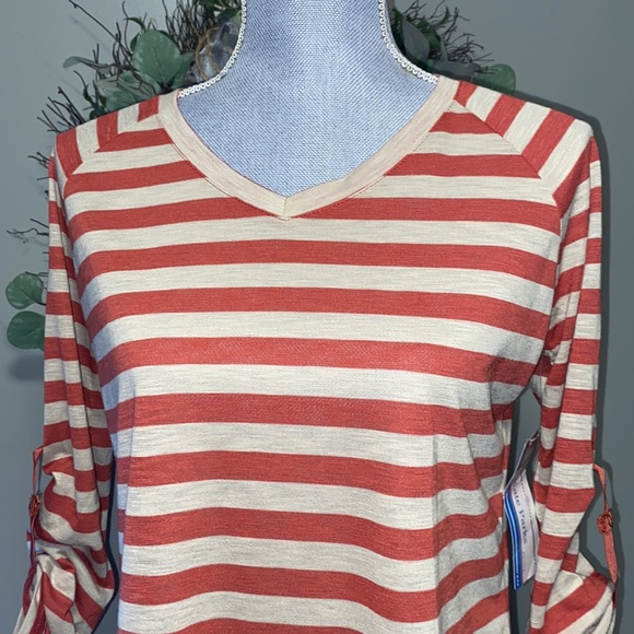 Kate Parks lightweight vee neck long sleeve horizontal striped tee rust PL NWT - Picture 2 of 13